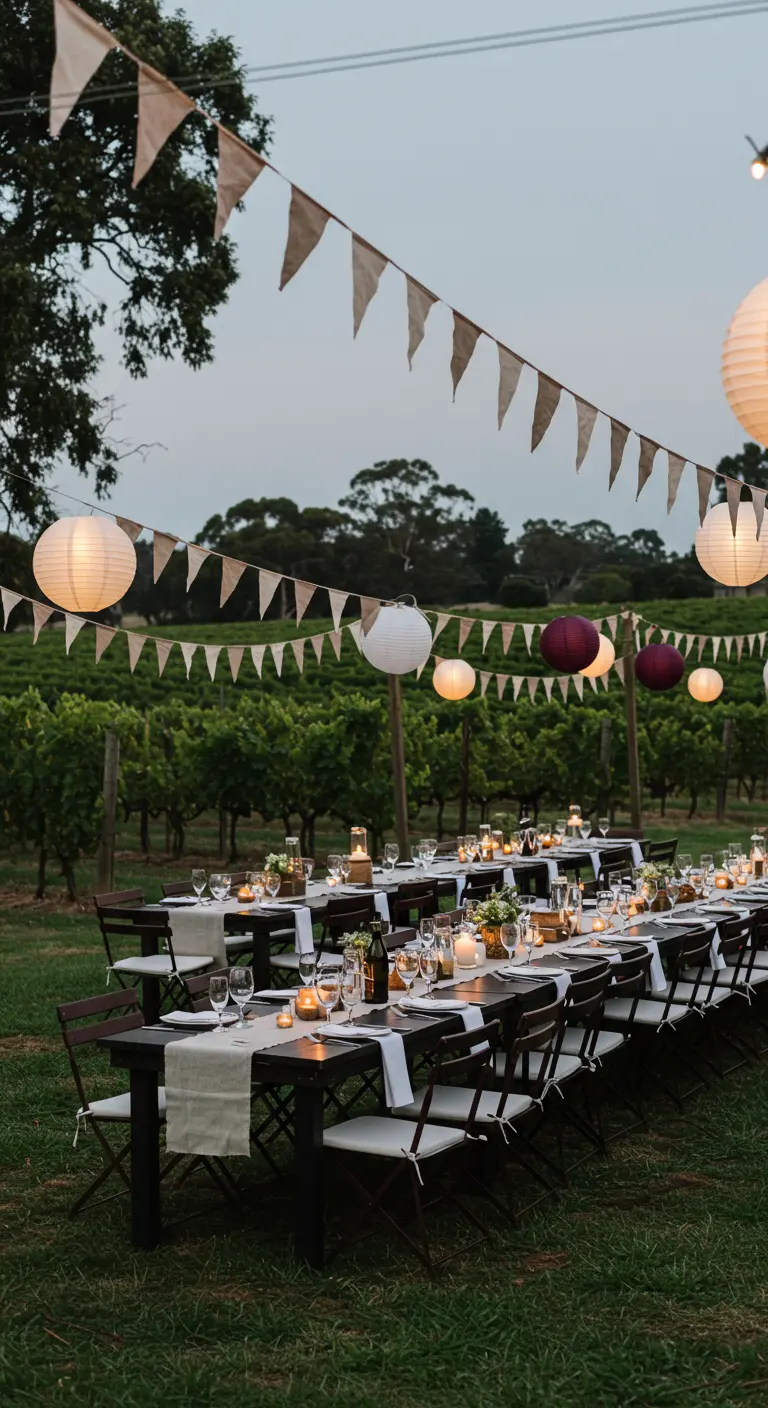Dîner au milieu des vignes avec longues tables en bois, lampions blancs et bordeaux, et fanions en toile de jute.