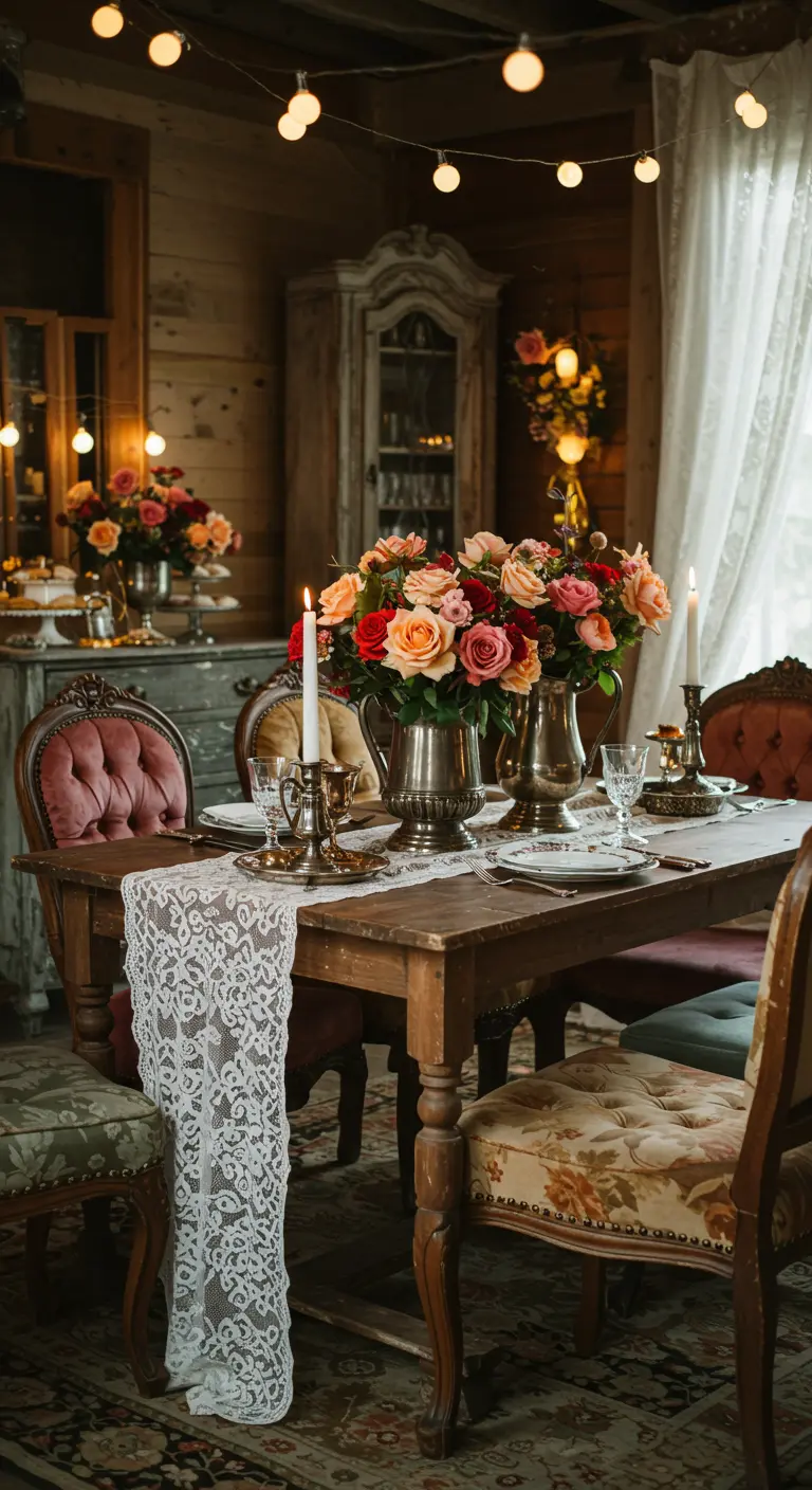 Table de salle à manger vintage avec chaises dépareillées et chemin de table en dentelle.