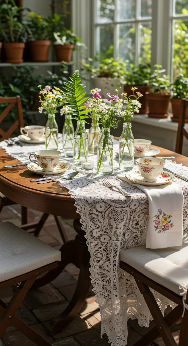 Table vintage avec petites bouteilles de fleurs, tasses à thé fleuries et nappe en dentelle.