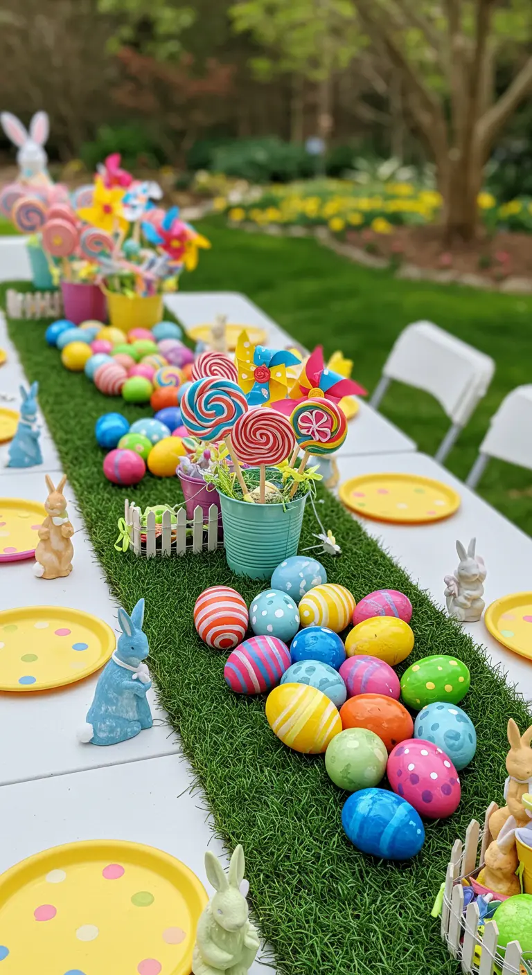 Table de Pâques pour enfants avec un chemin de table en gazon, des bonbons et des lapins.
