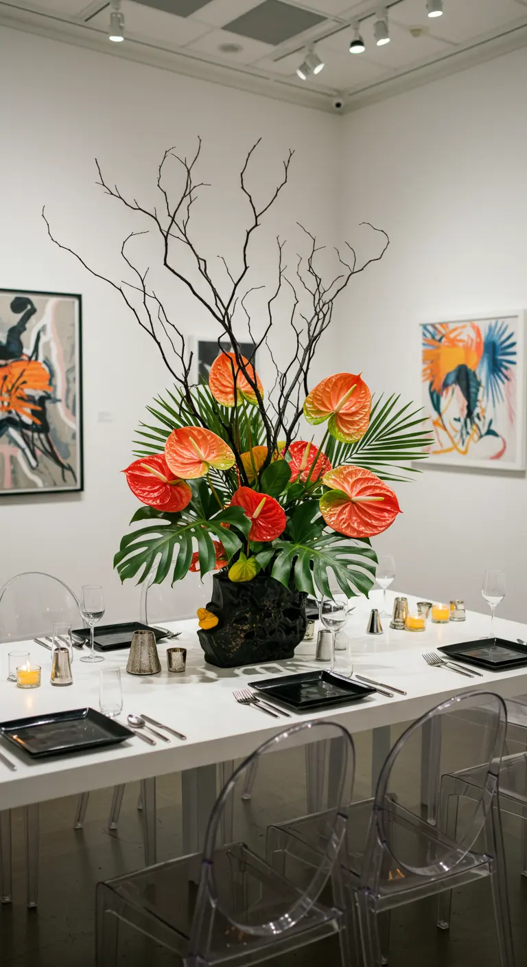 Centre de table moderne avec anthuriums et branches noires.