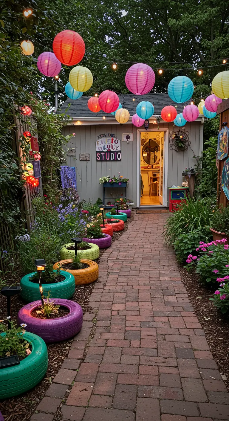 Chemin en briques menant à un atelier, bordé de pneus colorés et fleuris, lampions multicolores et guirlandes.