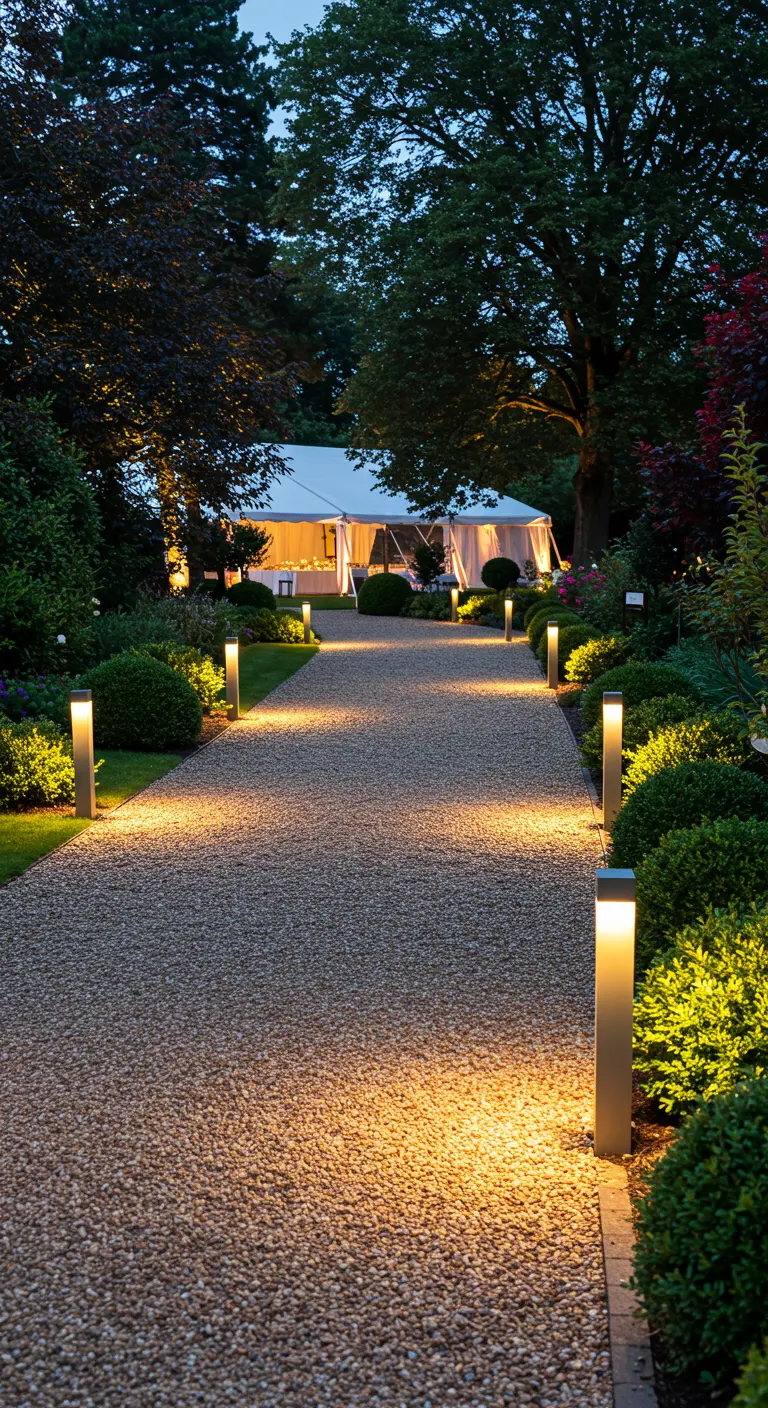 Allée de jardin en gravier bordée de bornes lumineuses modernes.