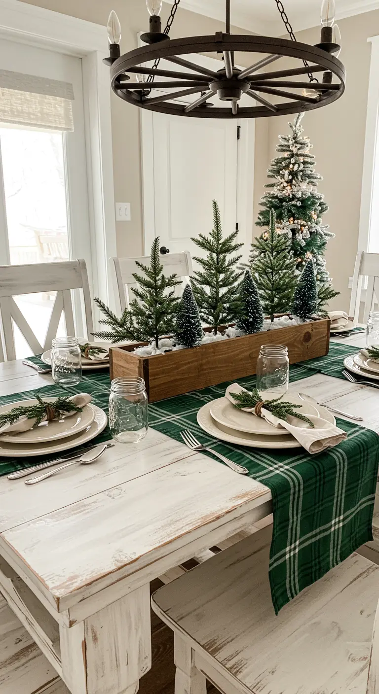 Table de style farmhouse avec un chemin de table à carreaux verts et une jardinière de mini-sapins.