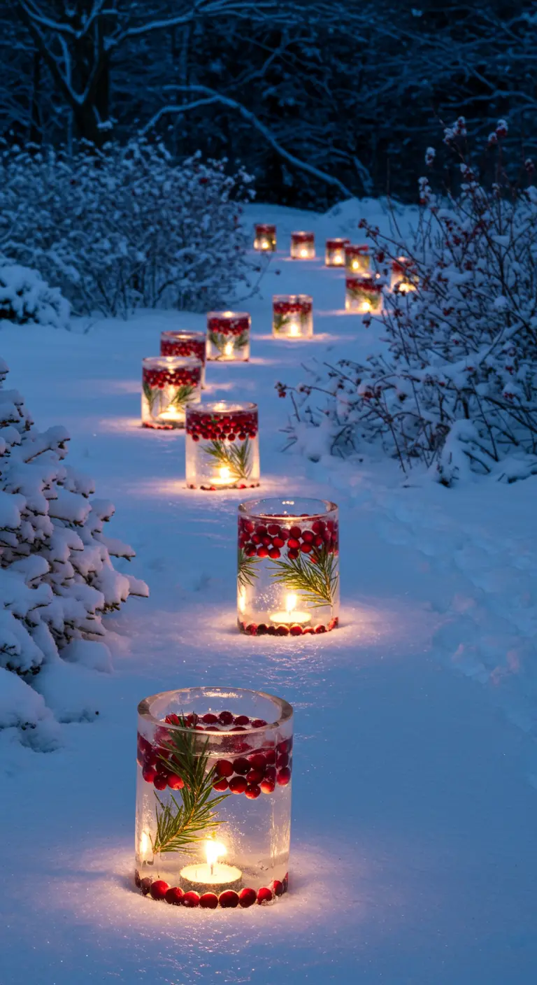 Chemin enneigé éclairé par des lanternes de glace contenant des baies rouges et du sapin.