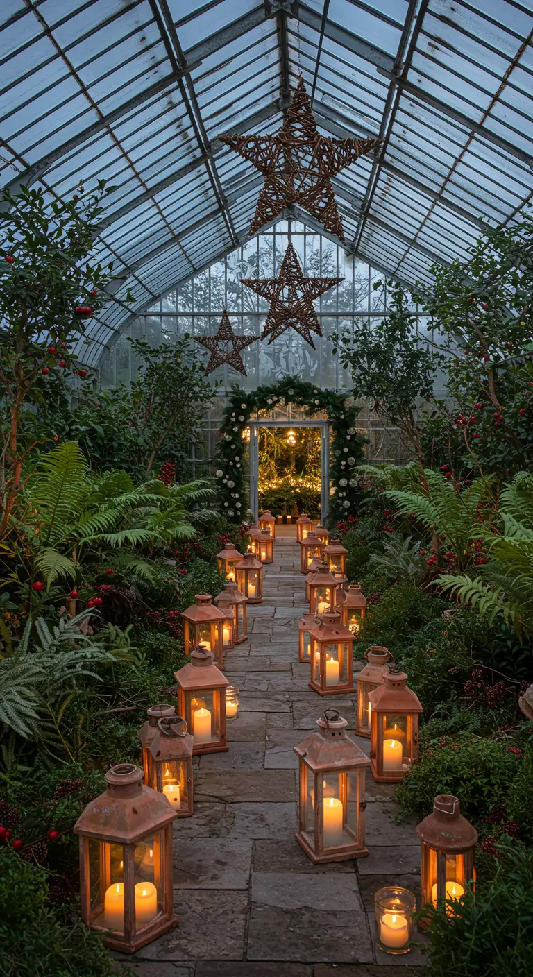 Allée d'une serre bordée de lanternes allumées, avec de grandes étoiles en osier suspendues.