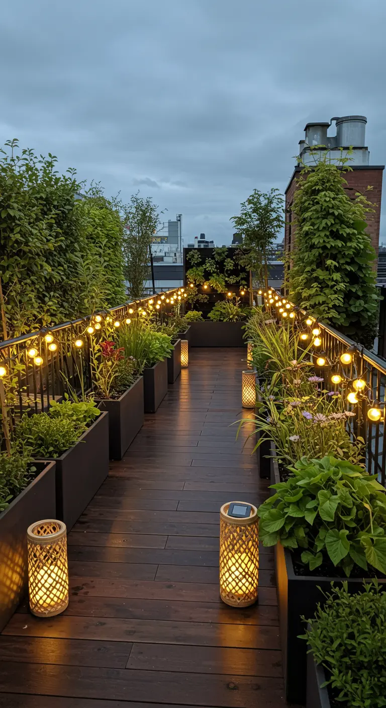 Allée sur un toit-terrasse bordée de jardinières et éclairée par des guirlandes.