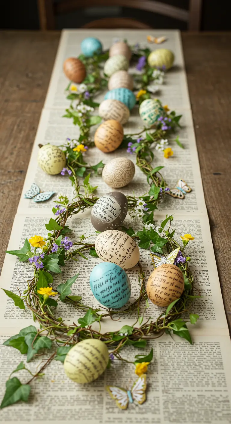 Guirlande de lierre et œufs décorés posés sur un chemin de table fait de pages de livres.