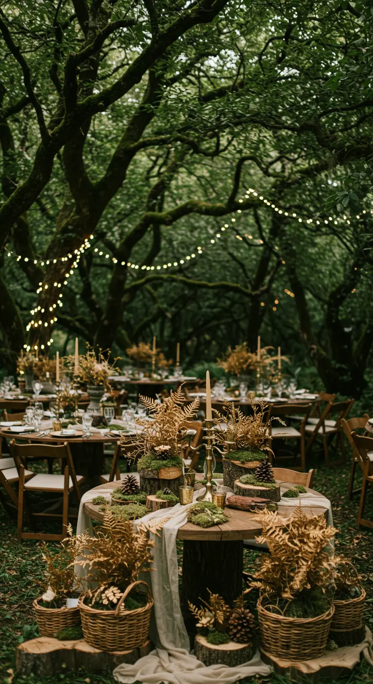 Longue table en bois avec chemin de table en lin, mousse, pommes de pin et bougies.