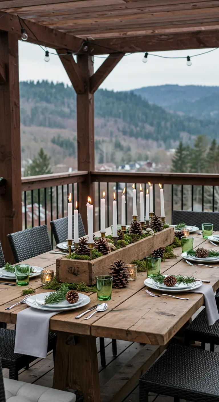 Table à manger extérieure avec un long centre de table en bois rempli de mousse et de bougies.