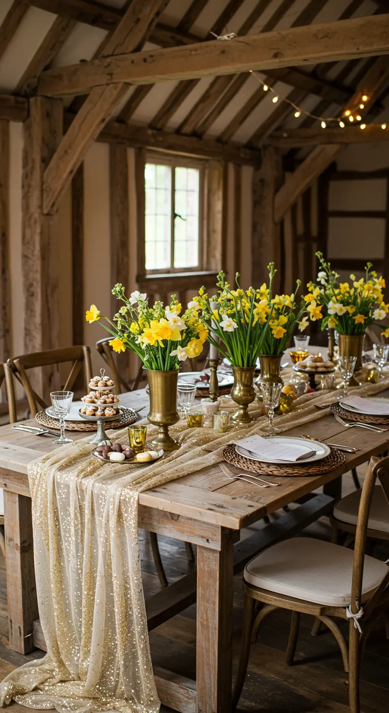 Table de Pâques en bois avec chemin de table doré pailleté, vases en laiton et bouquets de jonquilles.