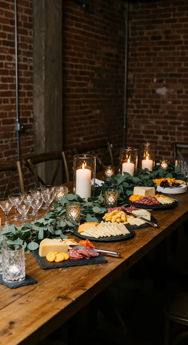 Table en bois rustique avec chemin de table en eucalyptus et bougies