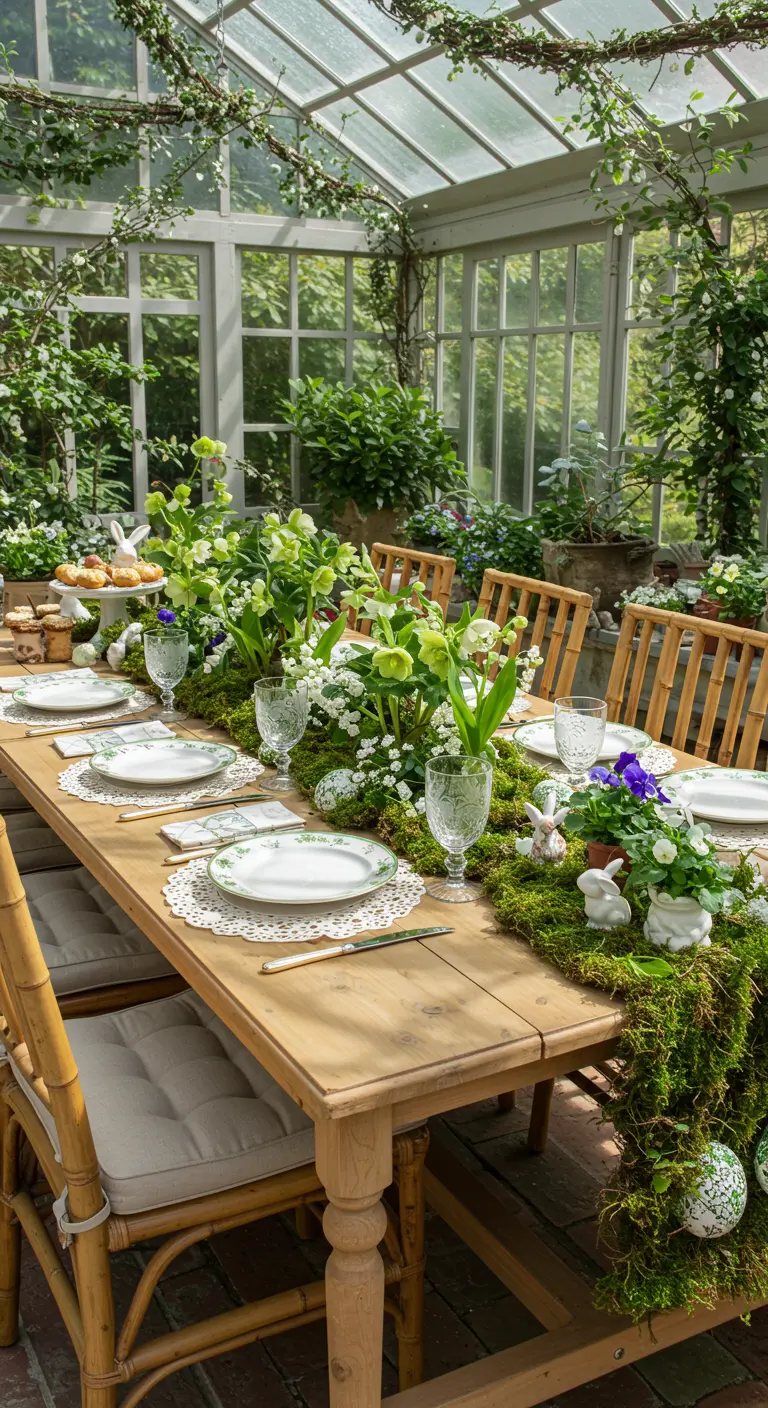Table de Pâques en bois avec chemin de table en mousse et fleurs blanches, lapins en céramique et vaisselle épurée.