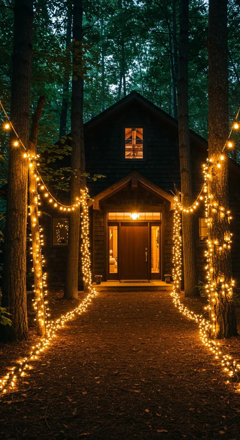 Allée forestière menant à une maison, bordée de guirlandes lumineuses enroulées autour des arbres.