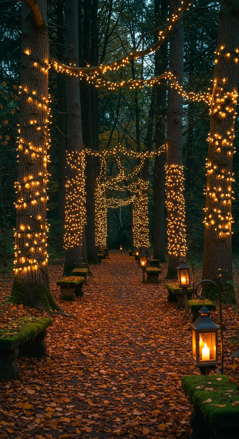 Sentier forestier bordé d'arbres enveloppés de guirlandes lumineuses et de lanternes au sol.