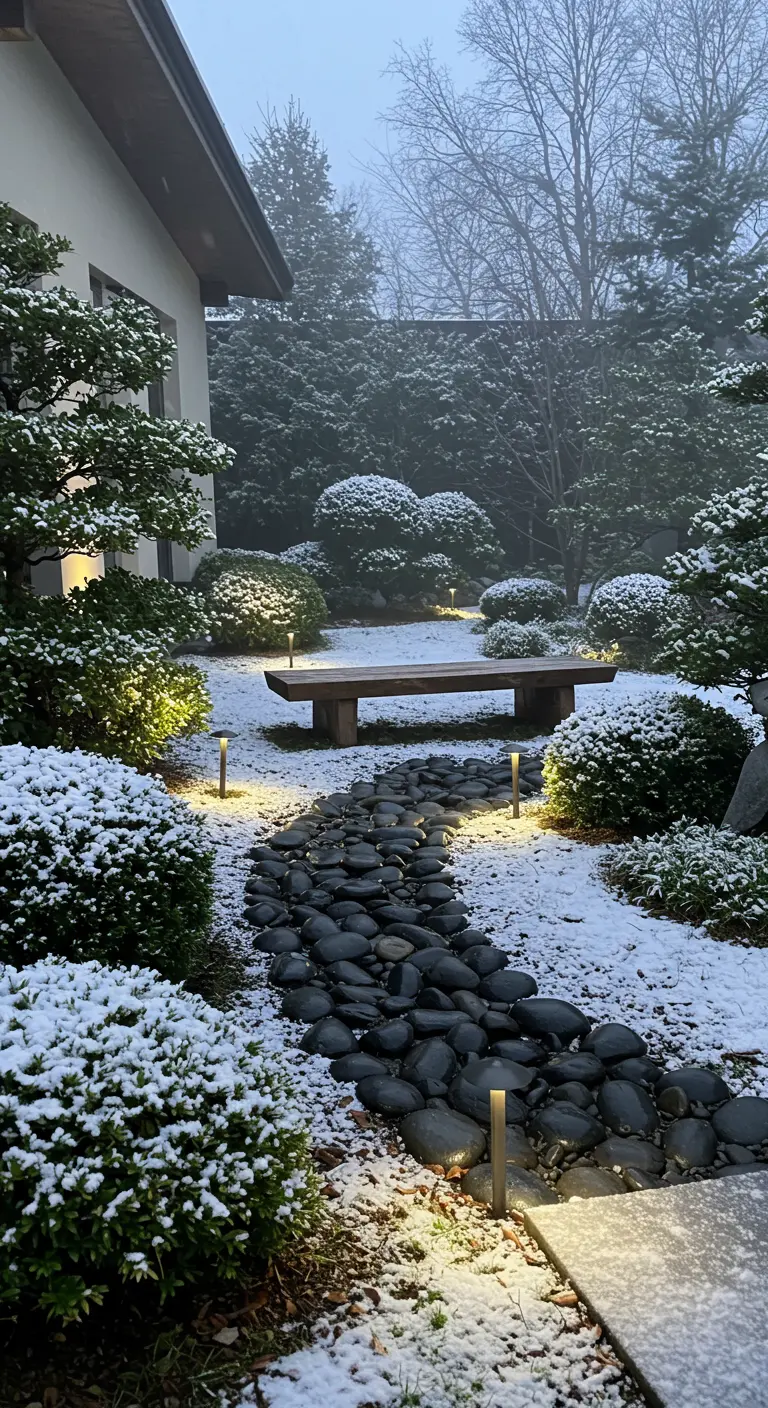 Jardin enneigé avec un chemin de galets éclairé par des bornes lumineuses, des arbustes et un banc en bois.