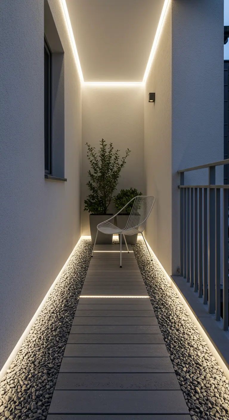 Couloir extérieur éclairé par des bandes LED au sol, alternant gravier et lames de bois.