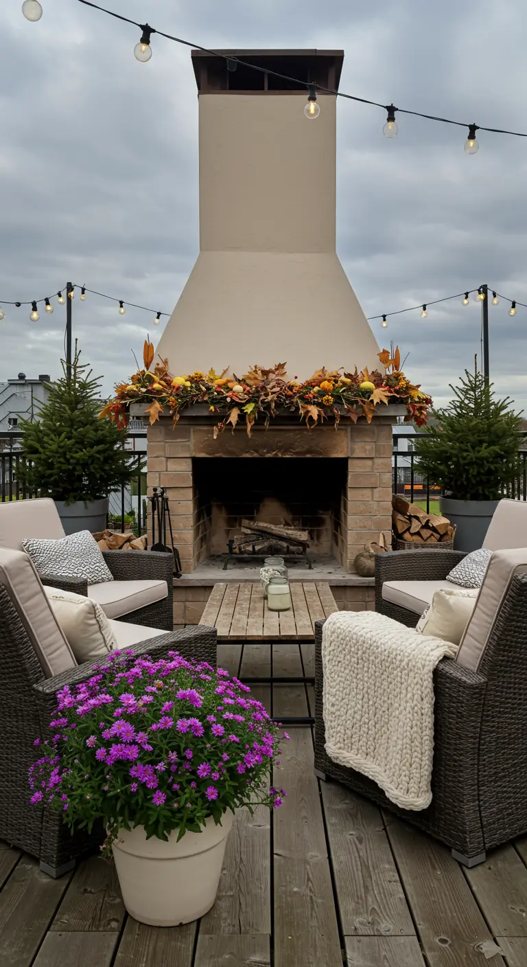 Terrasse avec cheminée extérieure décorée de guirlandes automnales, fauteuils confortables et petits sapins.