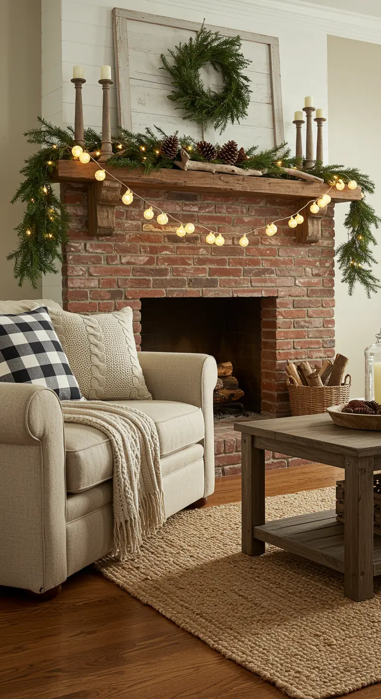 Cheminée en briques décorée d'une guirlande de sapin et de lumières.