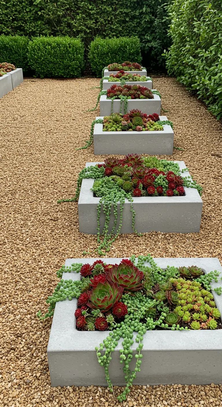 Chemin de gravier bordé de jardinières rectangulaires en béton remplies de diverses succulentes colorées.