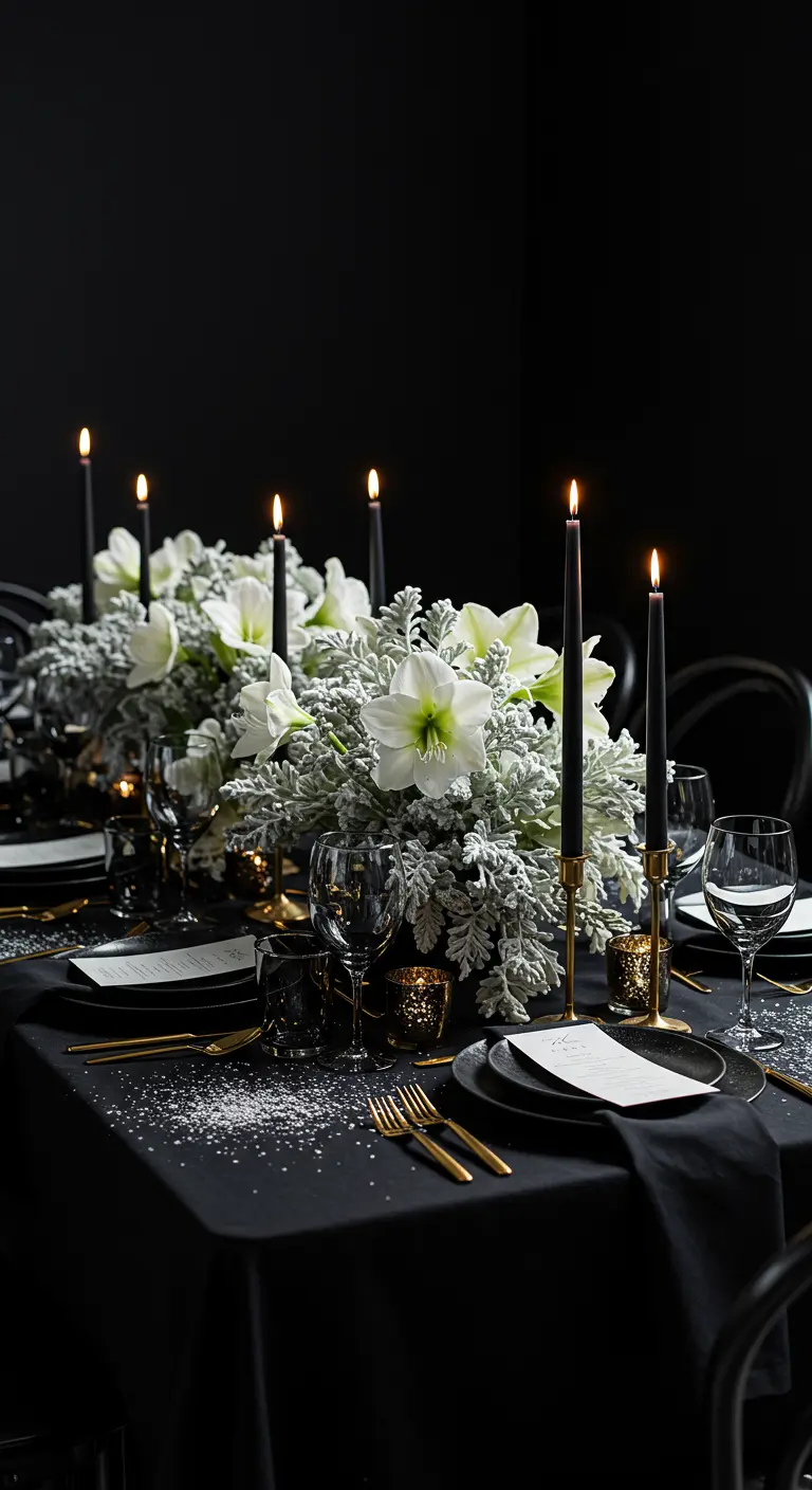 Table noire et or avec bougies noires et grandes fleurs blanches.