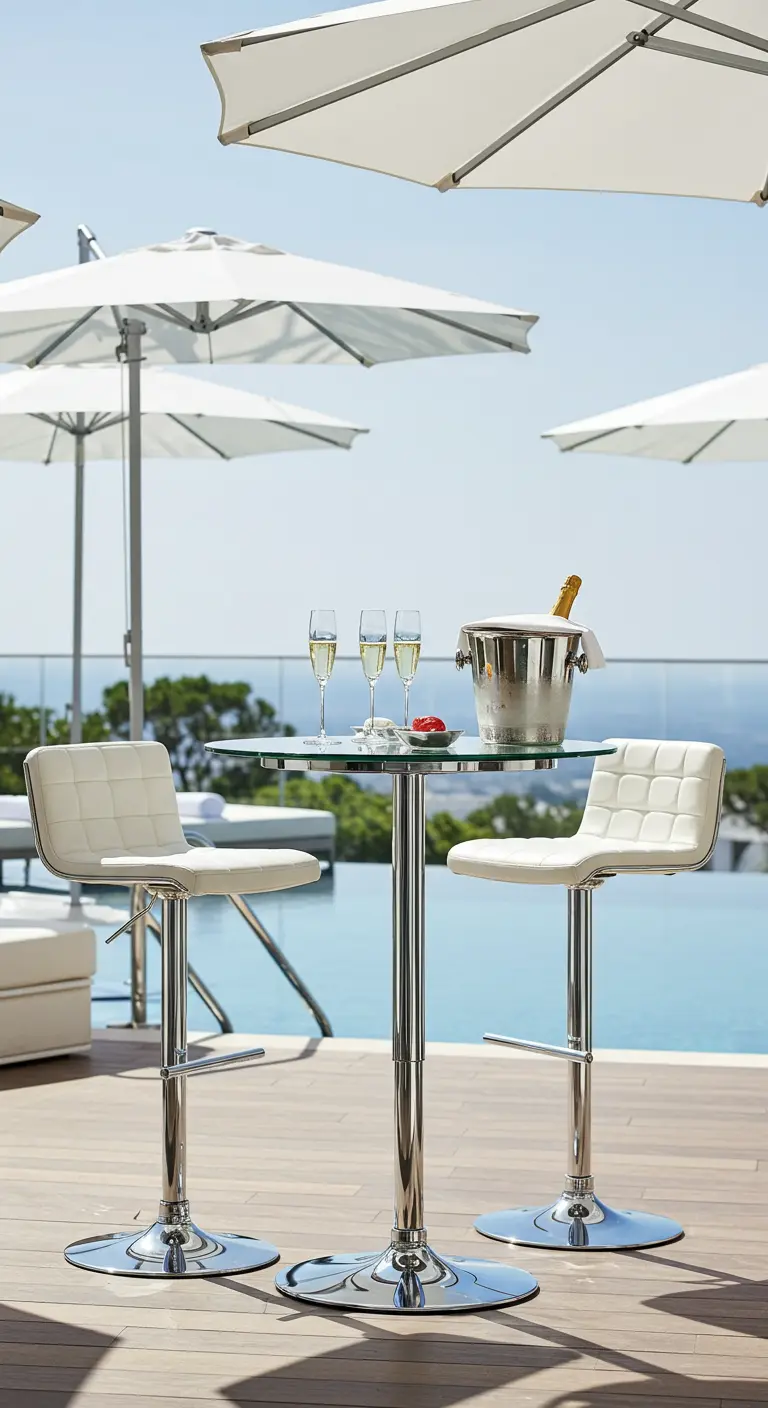 Table haute chromée avec des tabourets blancs au bord d'une piscine.