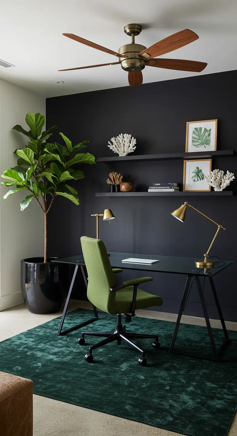 Bureau moderne avec murs sombres, grand Ficus Lyrata, étagères noires et chaise de bureau verte.