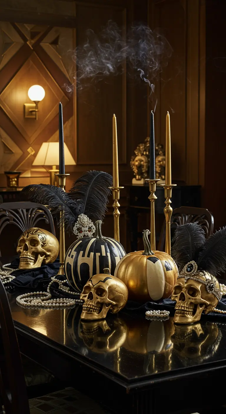 Table d'Halloween Gatsby avec citrouilles noires et dorées, crânes parés de perles, chandeliers dorés