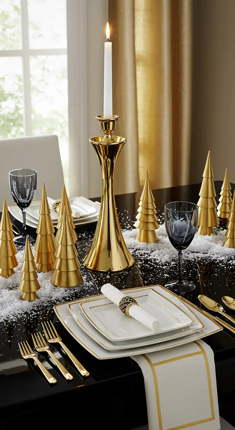 Table de fête noire et or avec vaisselle carrée, sapins dorés et un grand chandelier.
