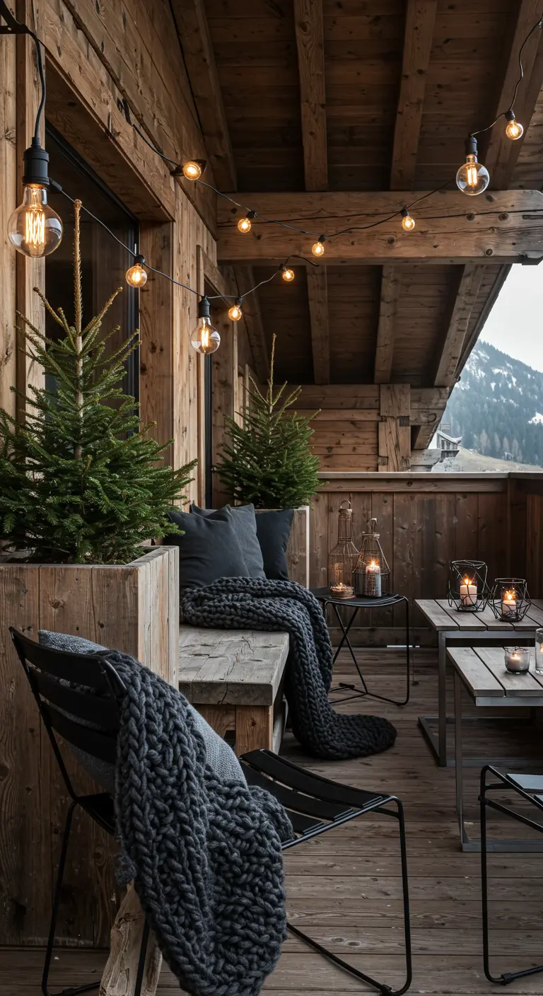 Balcon en bois avec mobilier en métal noir, plaids gris foncé, sapins en pots bois et guirlandes.