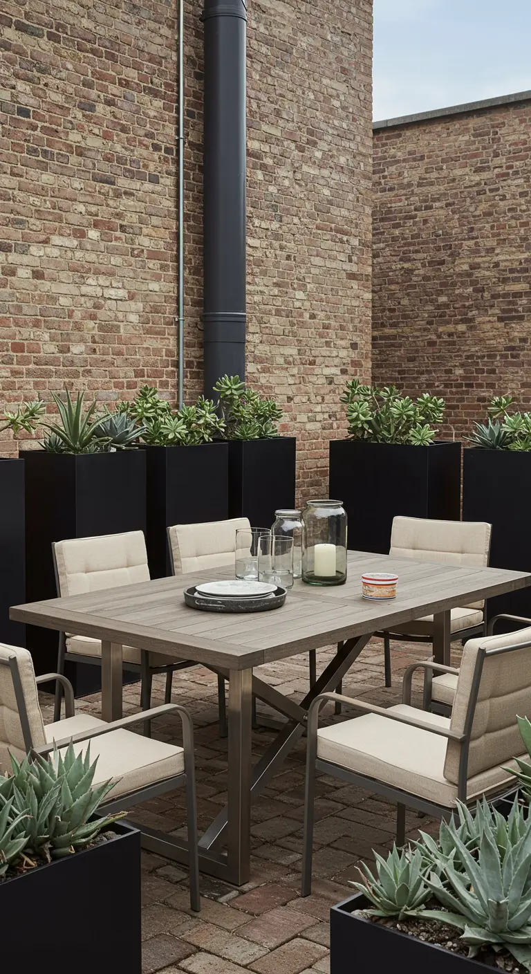 Espace repas extérieur entouré de murs en briques et de jardinières noires avec des agaves.