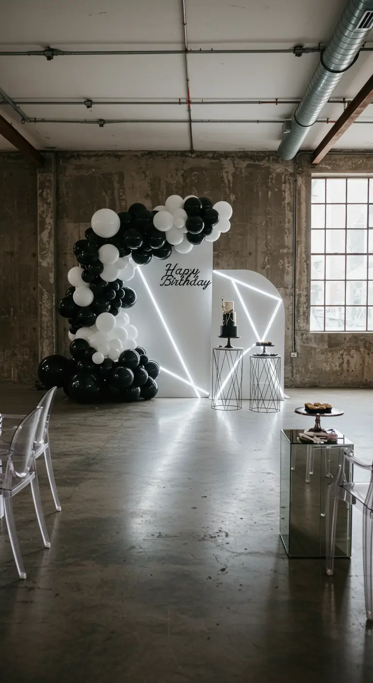 Arche de ballons noir et blanc dans un loft industriel avec des néons.