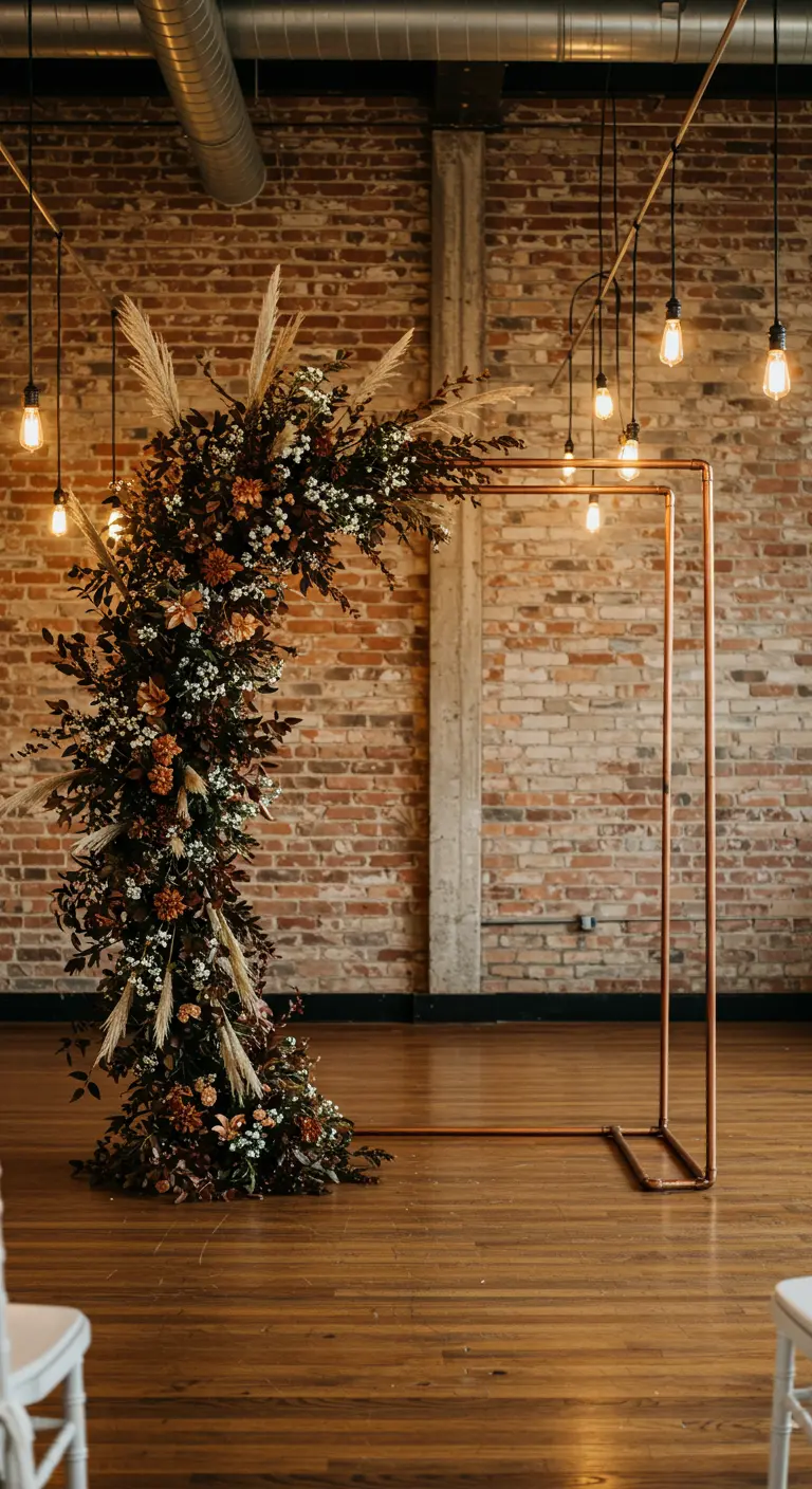 Arche de mariage minimaliste en cuivre avec fleurs séchées dans un loft industriel.