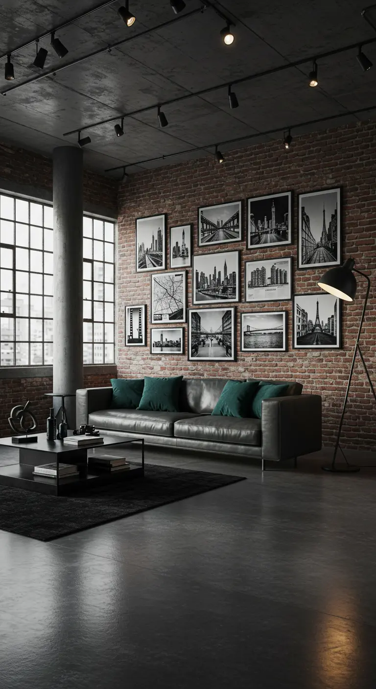 Salon industriel avec un mur de cadres noir et blanc de paysages urbains, canapé gris foncé.