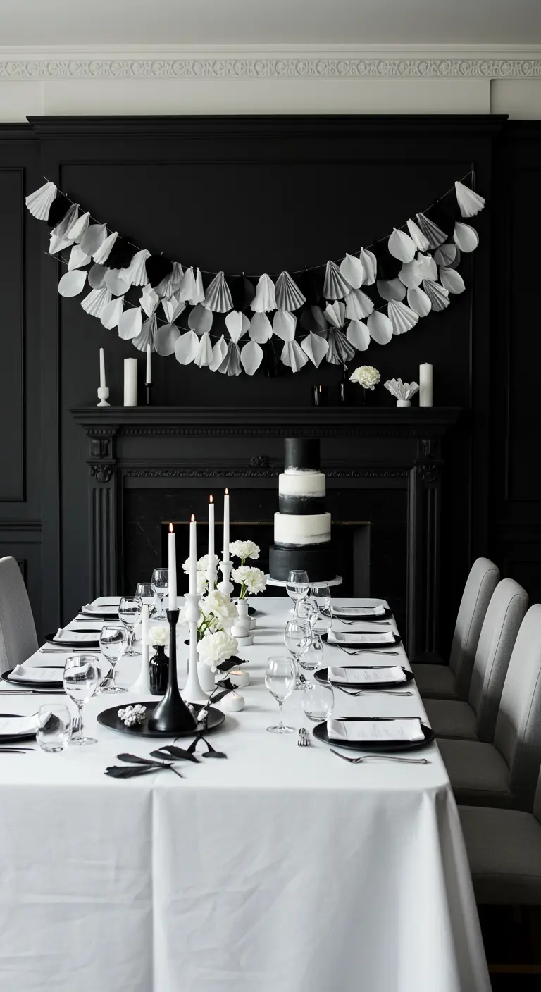Guirlande d'éventails en papier noir et blanc au-dessus d'une table de fête monochrome.