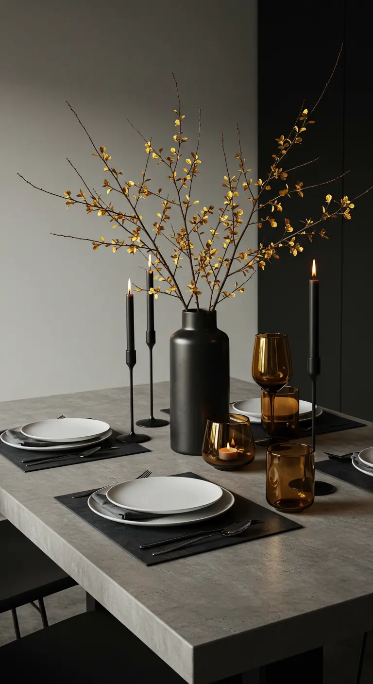 Une table moderne avec une nappe grise, décorée de bougies noires, d'un vase noir avec des branches dorées et de verres ambrés.