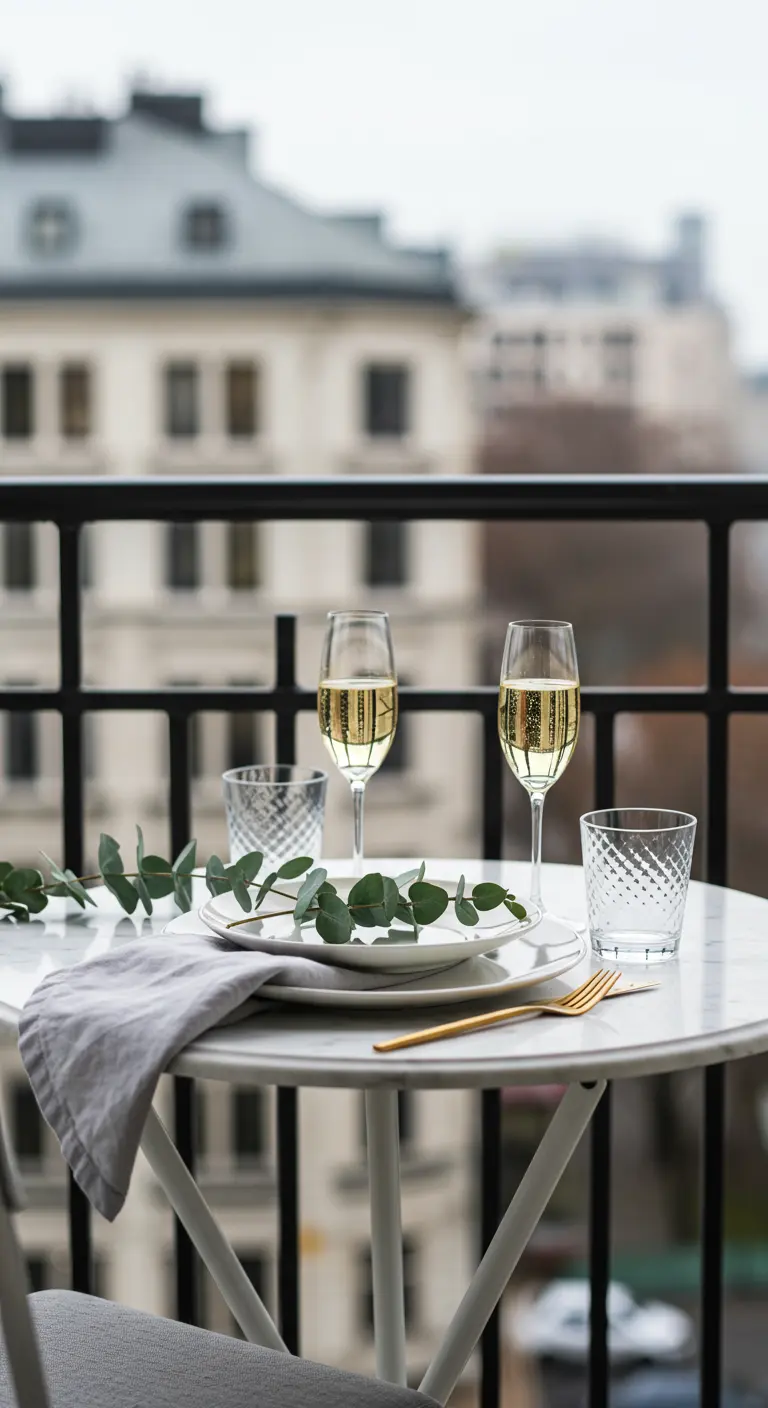 Petite table de balcon avec deux verres de champagne et une branche d'eucalyptus.