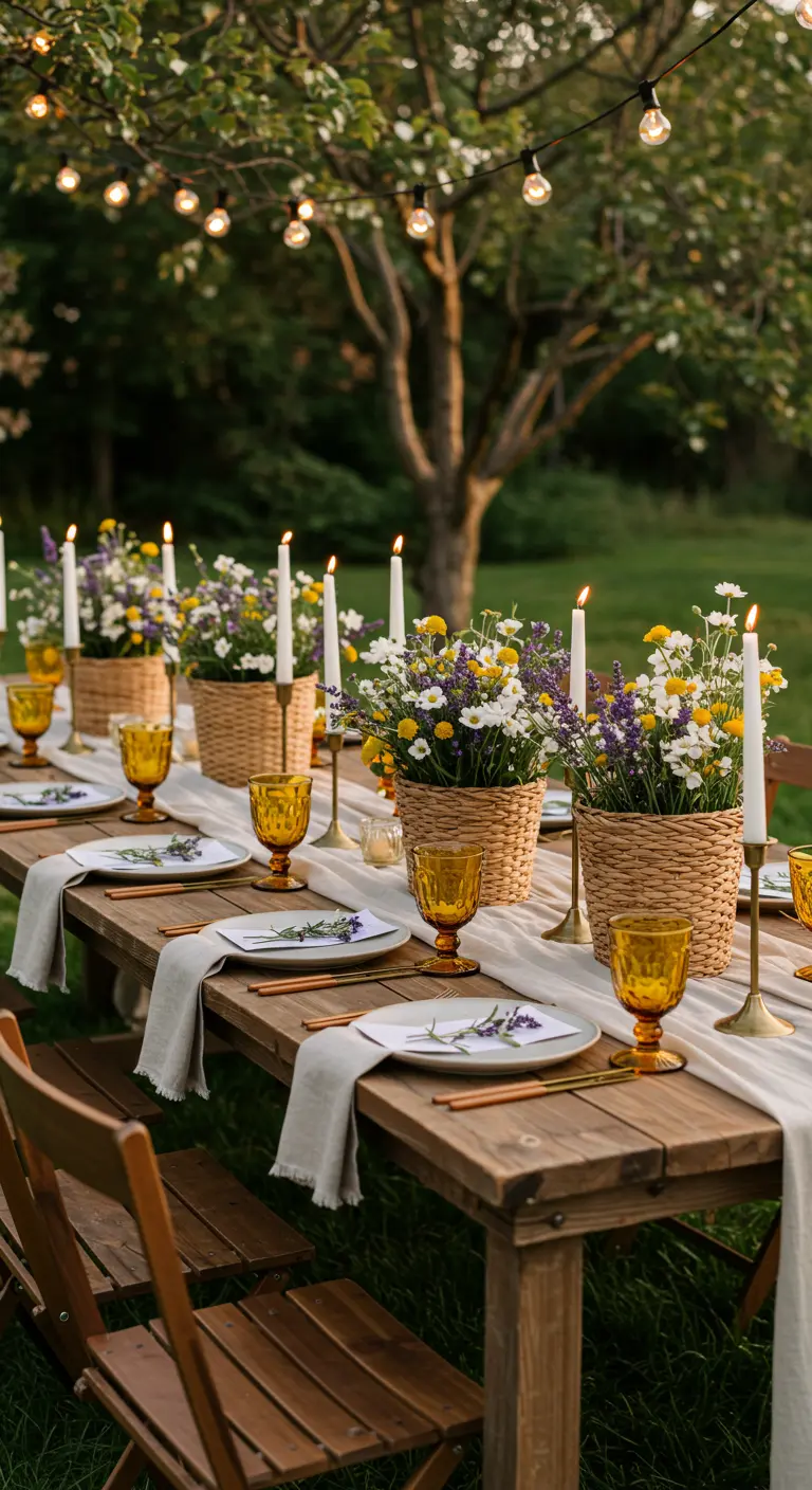 Table champêtre en bois avec chemin de table en lin, paniers de fleurs, verres ambrés et guirlandes lumineuses.