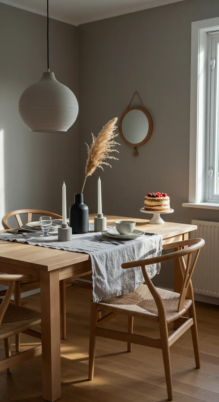 Table en bois clair avec chemin de table lin, pampas, bougies minimalistes et gâteau.