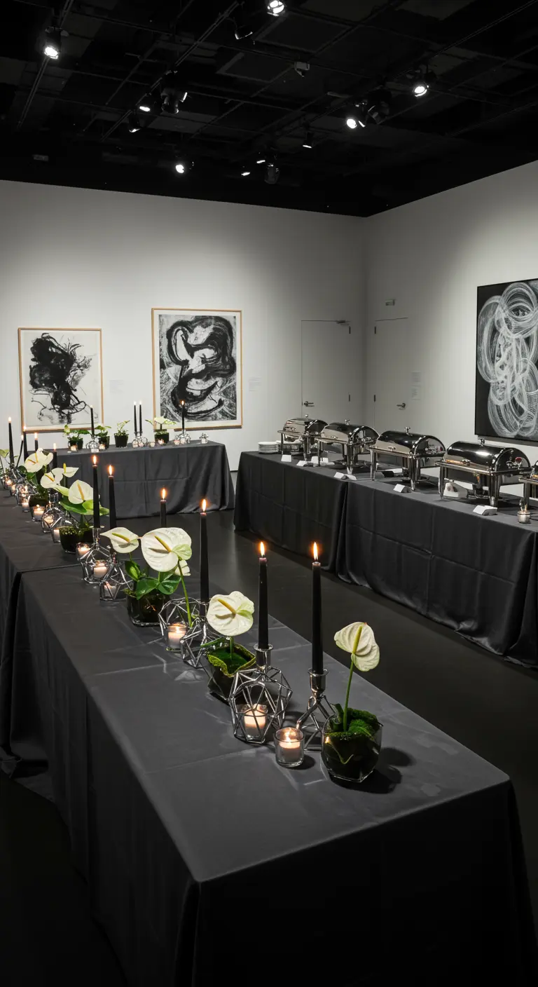 Table de réception grise avec arums blancs, bougies noires et photophores géométriques.