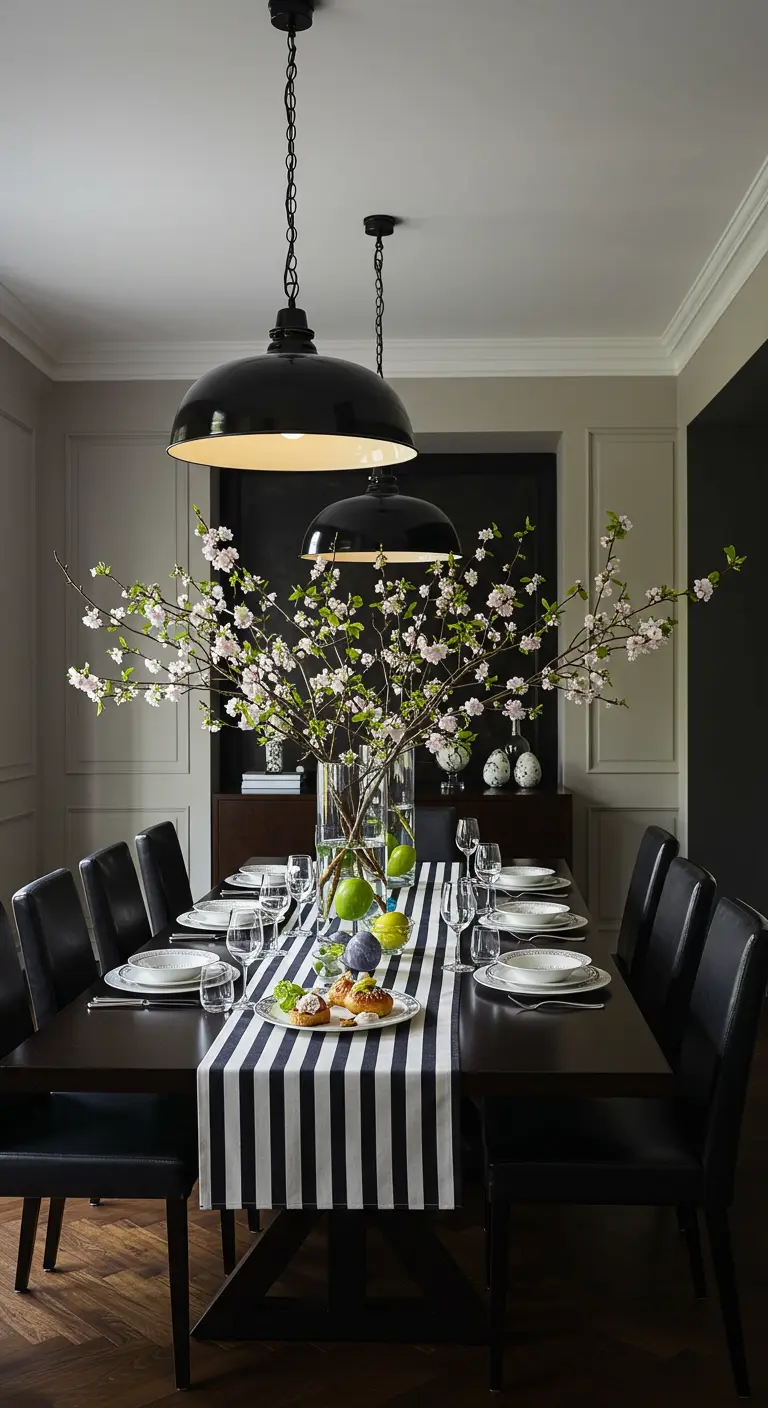 Chemin de table rayé noir et blanc, branches de cerisier en fleur, table noire moderne.