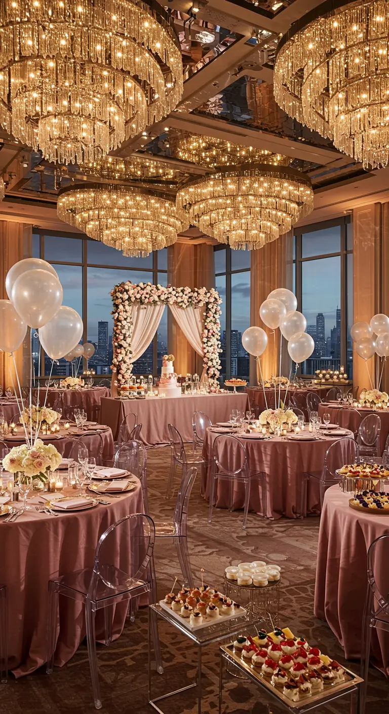 Salle de réception élégante avec des tables rondes drapées de rose poudré, des chaises transparentes et une arche florale.