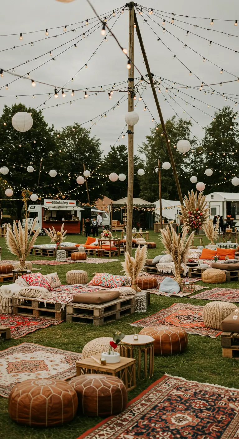 Espace lounge extérieur bohème avec banquettes en palettes, coussins, tapis orientaux, guirlandes lumineuses et lampions.