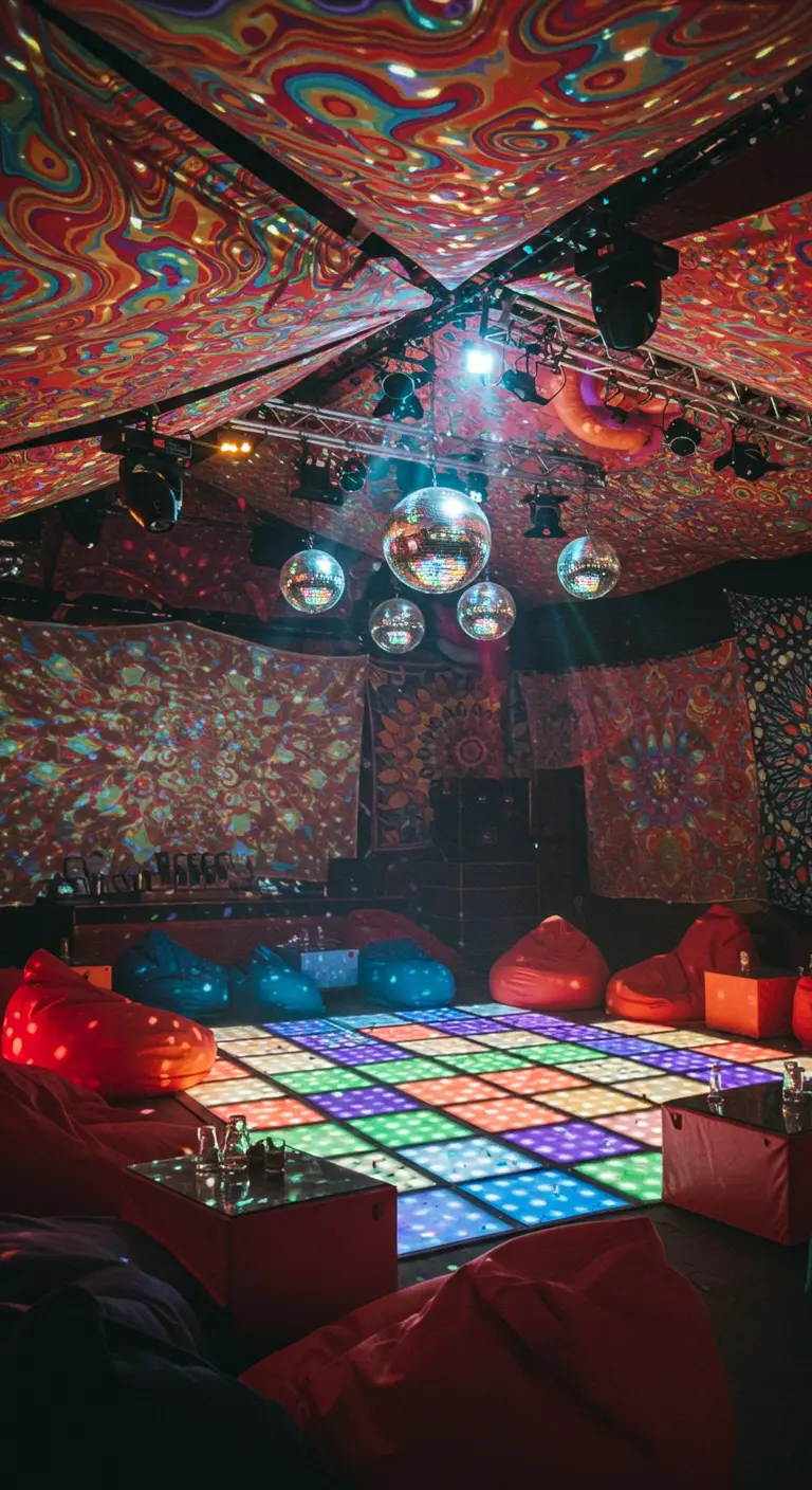 Espace lounge avec des poufs, des tissus psychédéliques et une piste lumineuse.