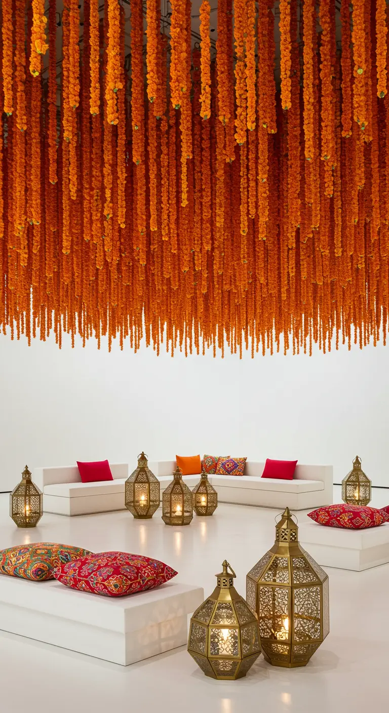 Pièce blanche moderne avec un plafond entièrement couvert de fleurs orange.