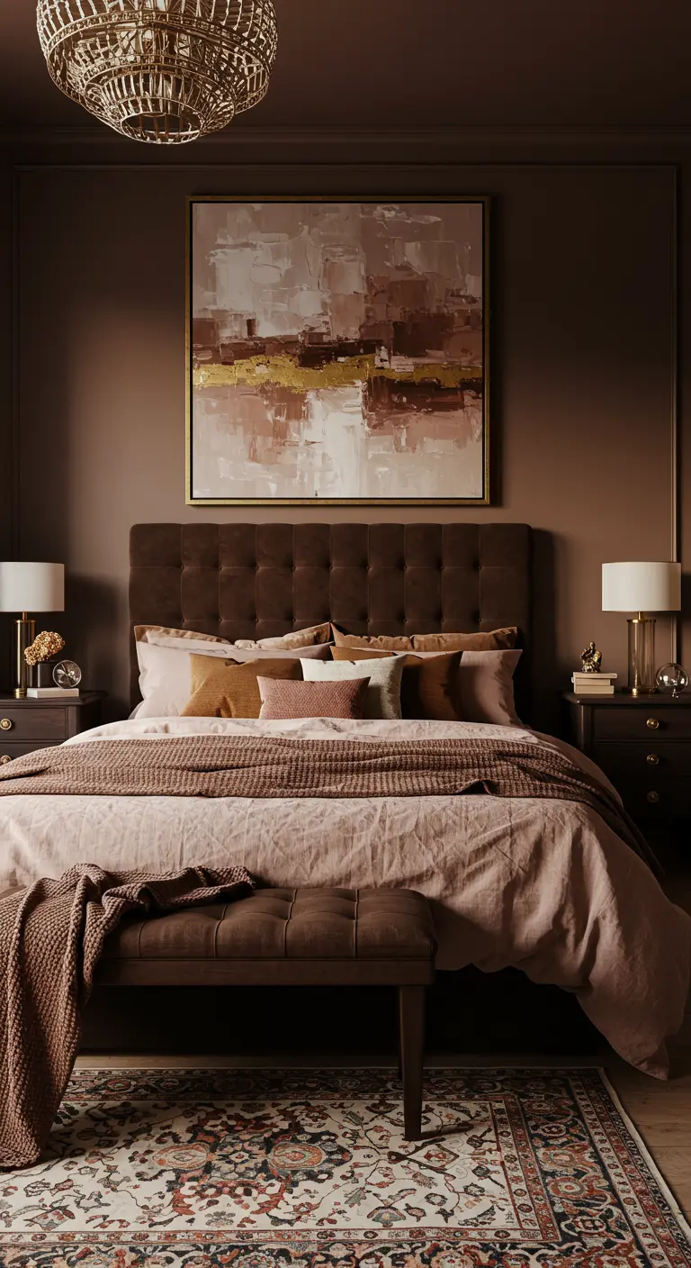 Chambre luxueuse avec murs marron chocolat, lit en velours et linge de lit beige.