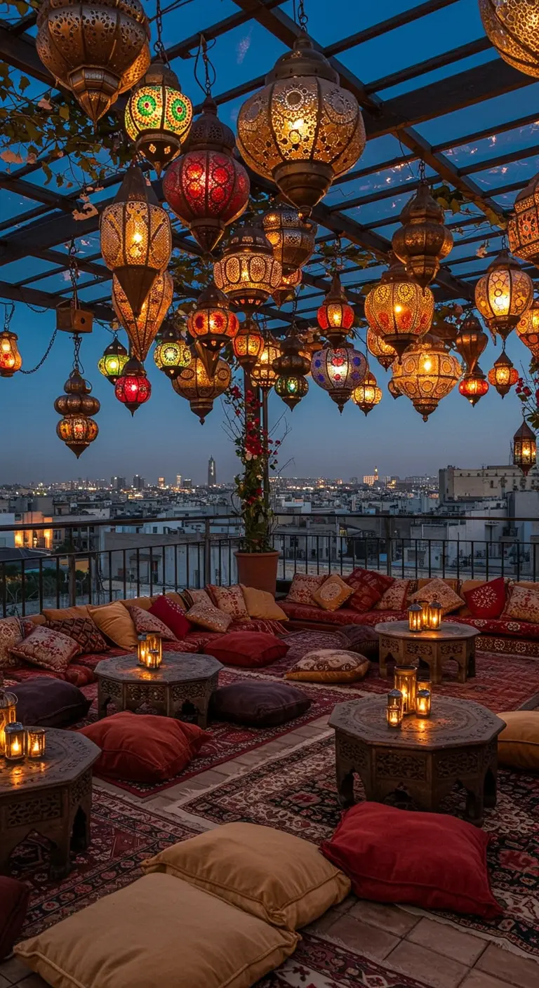 Rooftop décoré de tapis orientaux et d'une multitude de lanternes marocaines suspendues.