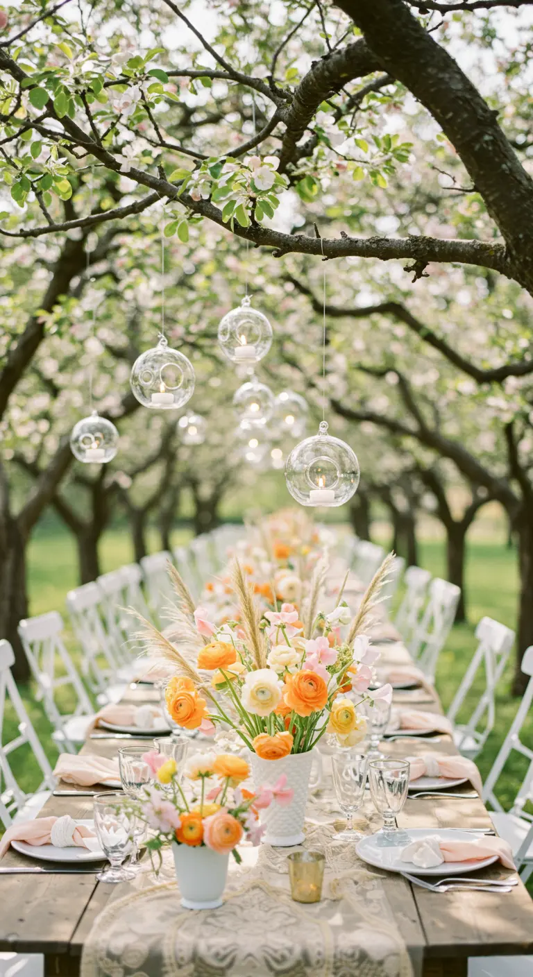 Table de réception sous des arbres en fleurs avec des boules de verre suspendues.