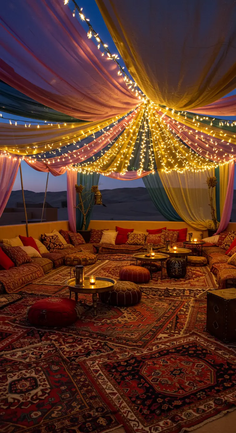 Terrasse de style bédouin avec des tissus colorés tendus au-dessus et des tapis au sol.