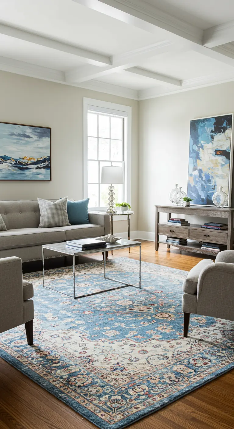 Salon avec un grand tapis bleu et crème à motifs, canapé gris et art abstrait.